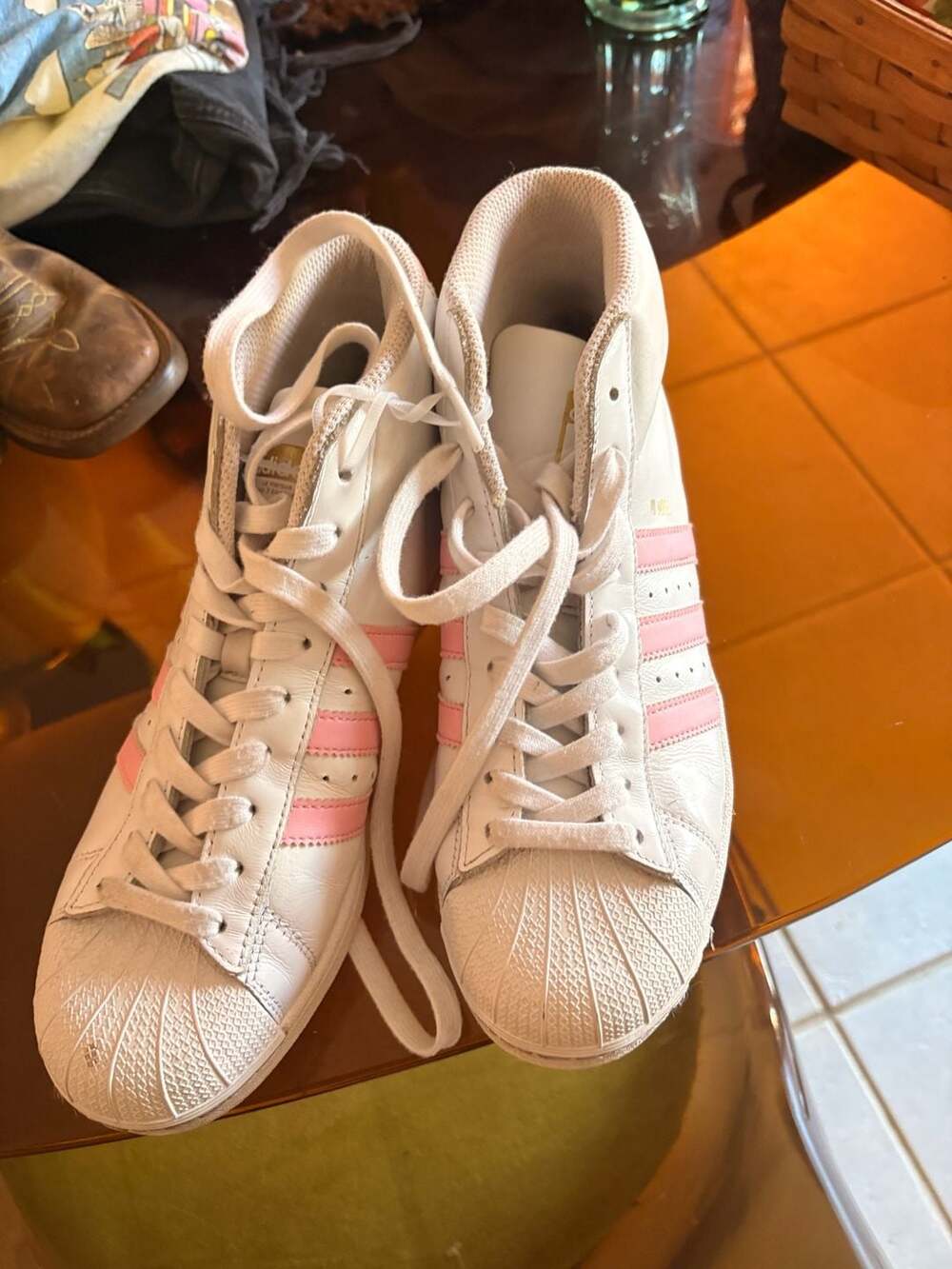 Adidas Pro Model White and Light Pink High Top Sneakers